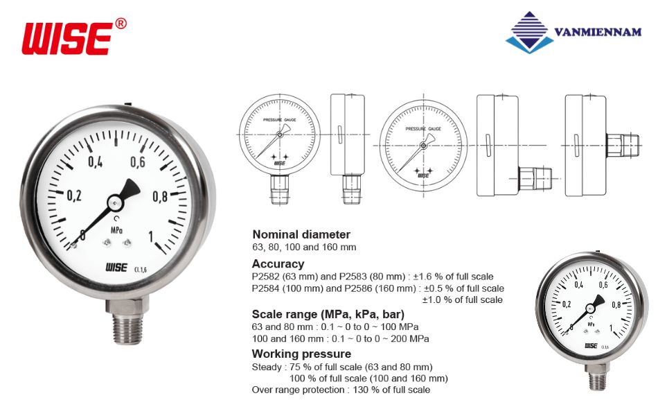 Chi tiết sản phẩm đồng hồ đo áp suất Wise P258