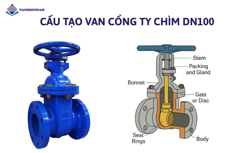 Chi tiết cấu tạo van cổng ty chìm DN100