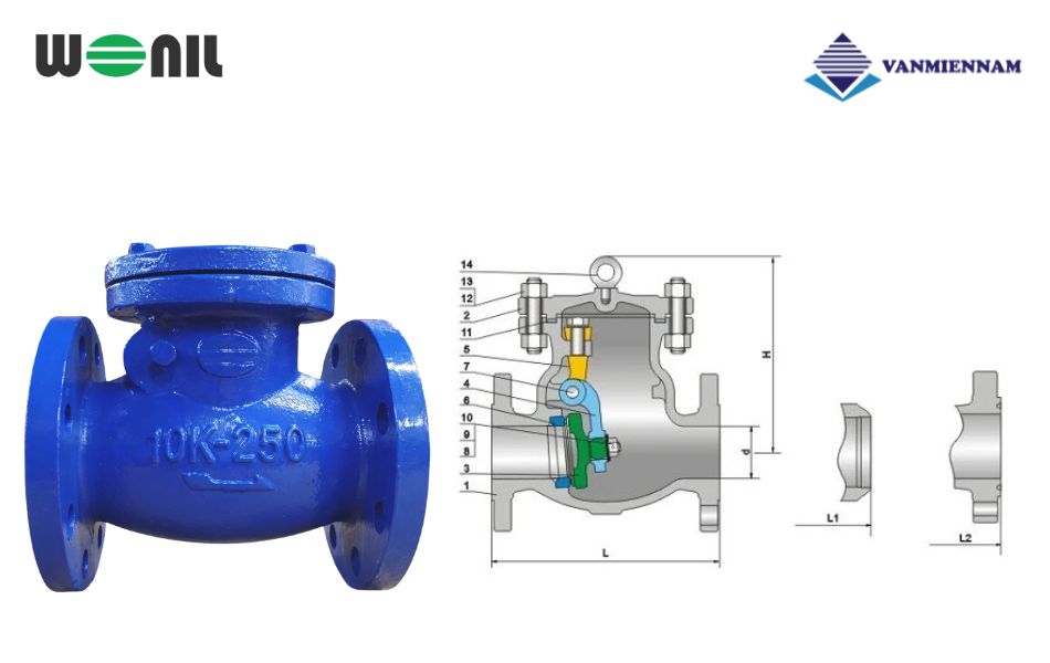 van 1 chiều lá lật gang mặt bích Wonil DN250