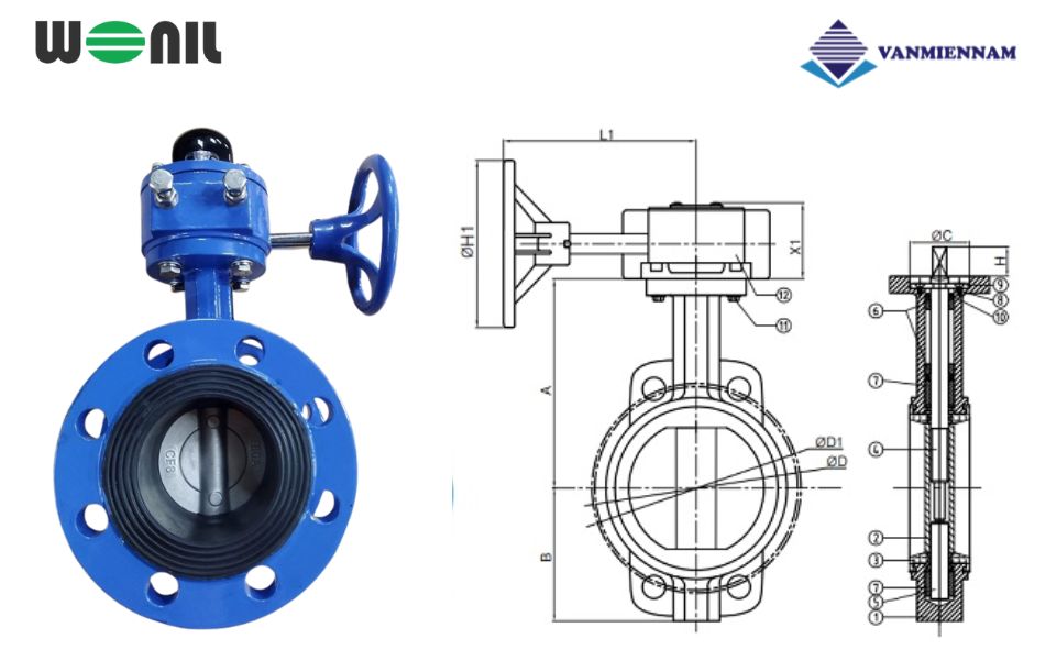 van bướm 2 mặt bích tay quay gang Wonil DN450